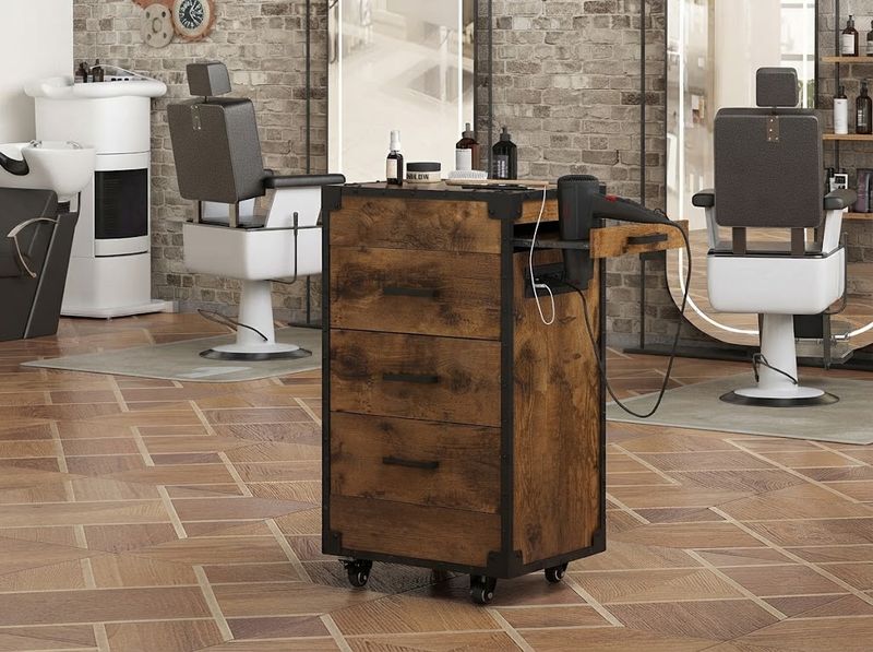 RESHABLE Rolling Station for Hair Stylist, Rustic Brown
