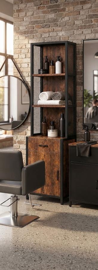 RESHABLE Salon Station with Cabinets and Storage, Retro Brown