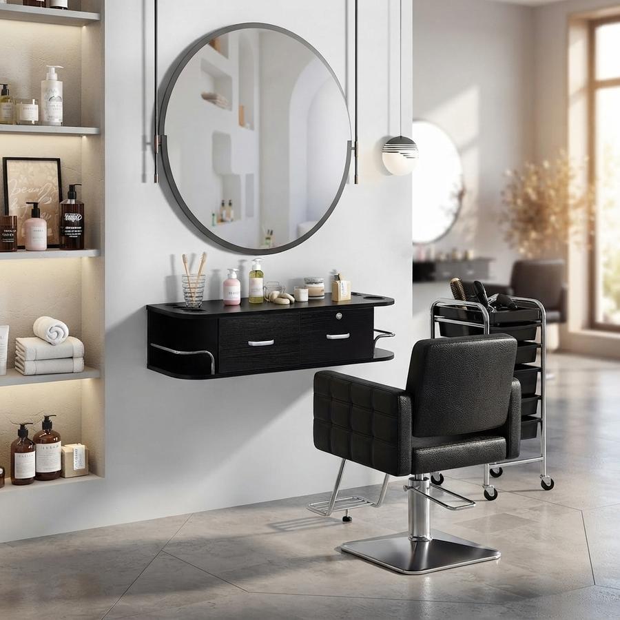 RESHABLE Wall Mount Barber Station, All Black With 5 Holders