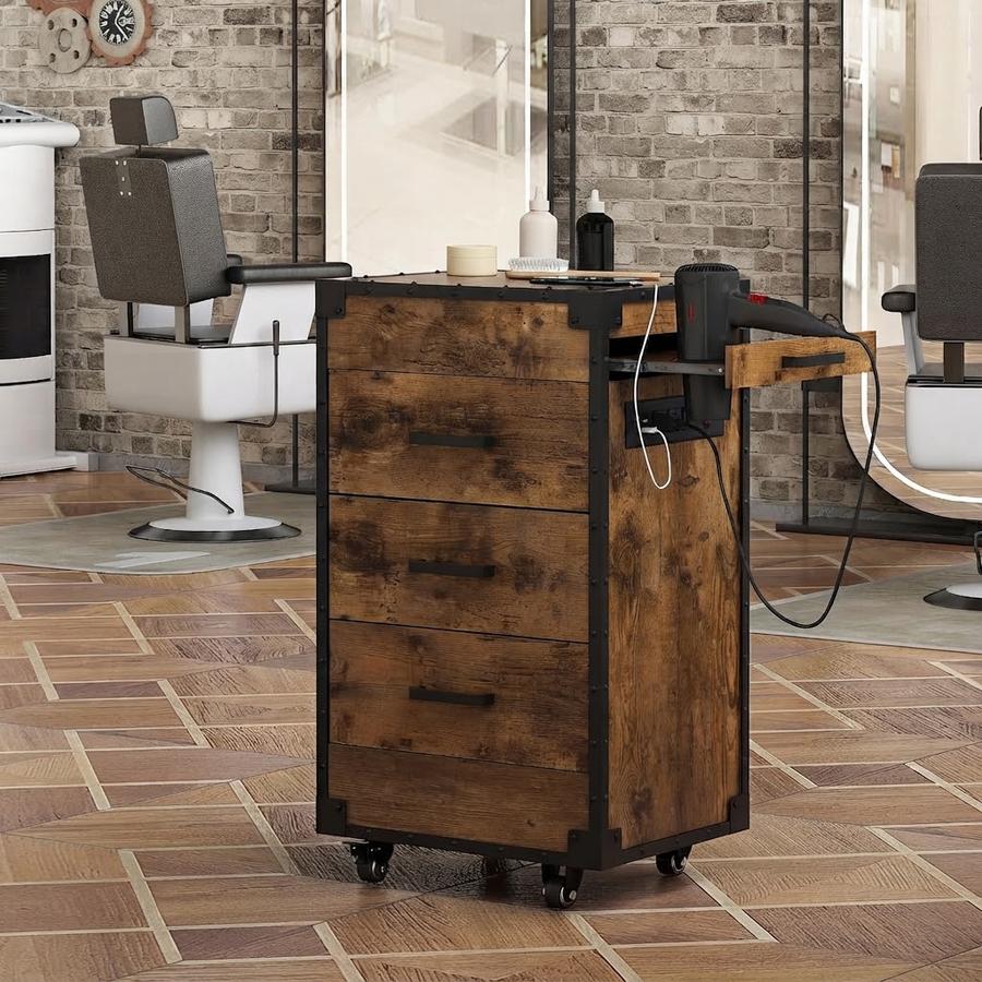RESHABLE Rolling Station for Hair Stylist, Rustic Brown